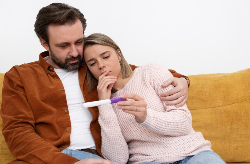 pareja sentada en un mueble con prueba de embarazo